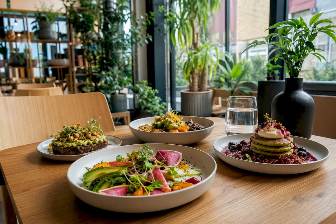 Modern vegan restaurant interior with plated food