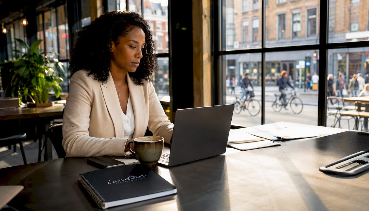 Woman browsing workshop platforms in café