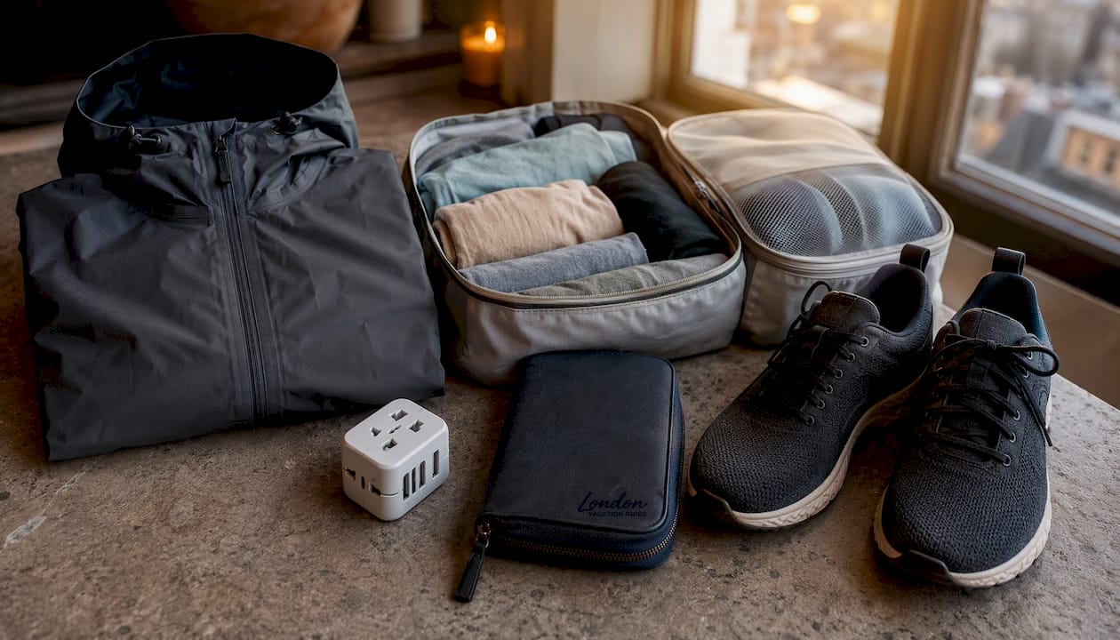 Flat lay of London travel packing essentials on wooden table