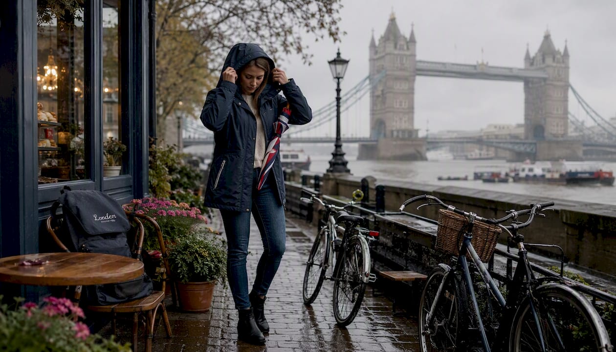 Woman putting on raincoat near Tower Bridge in drizzle