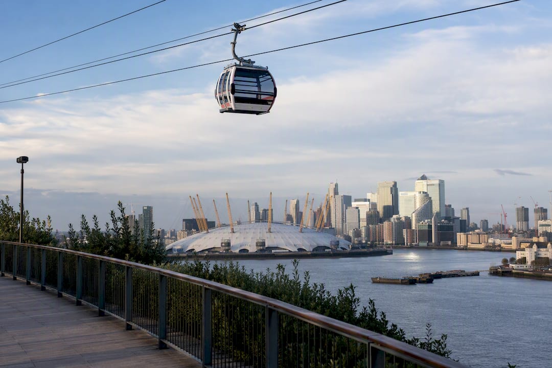 London cable car cabin over Thames with skyline