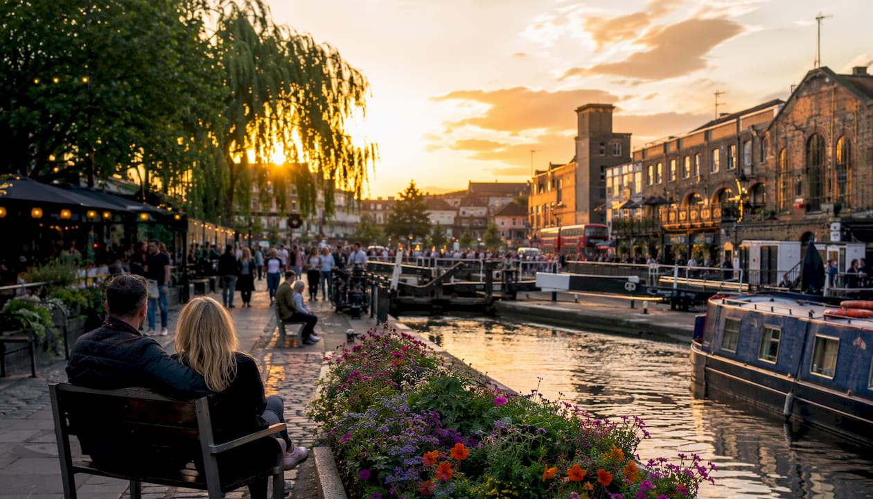 Camden Lock canal and towpath with historic buildings