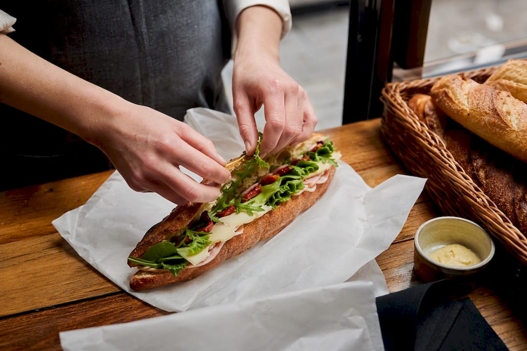 Fresh baguette sandwich prepared in Paris