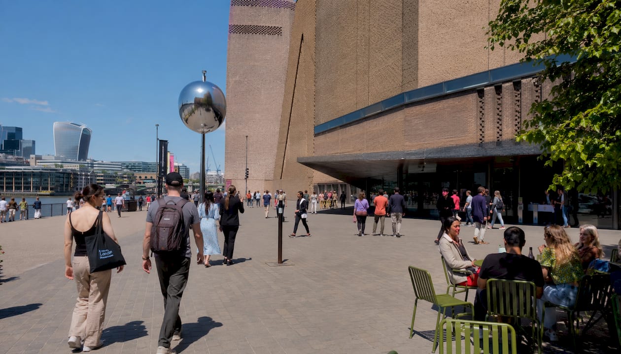 British Museum entrance with visitors and London street scene
