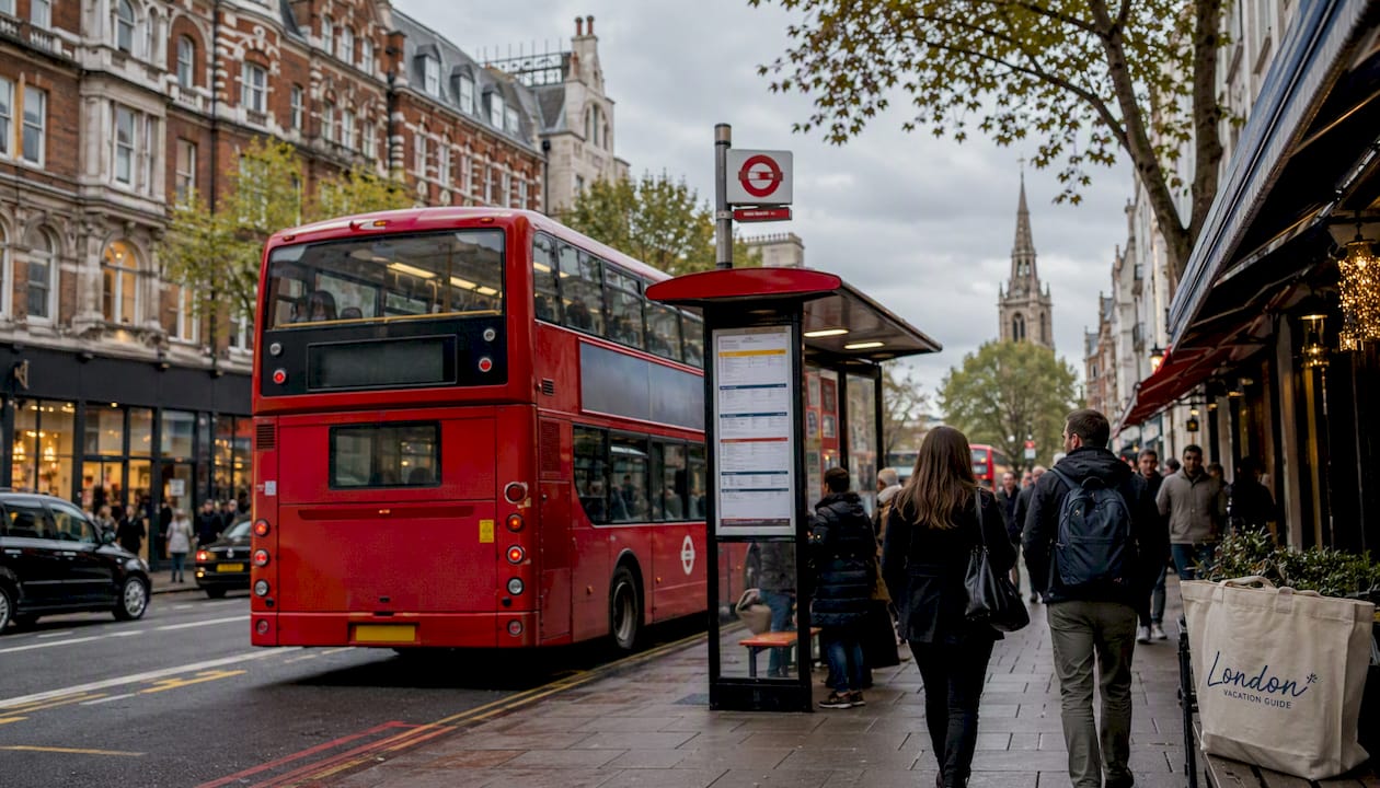 Red London double-decker bus at stop with Big Ben