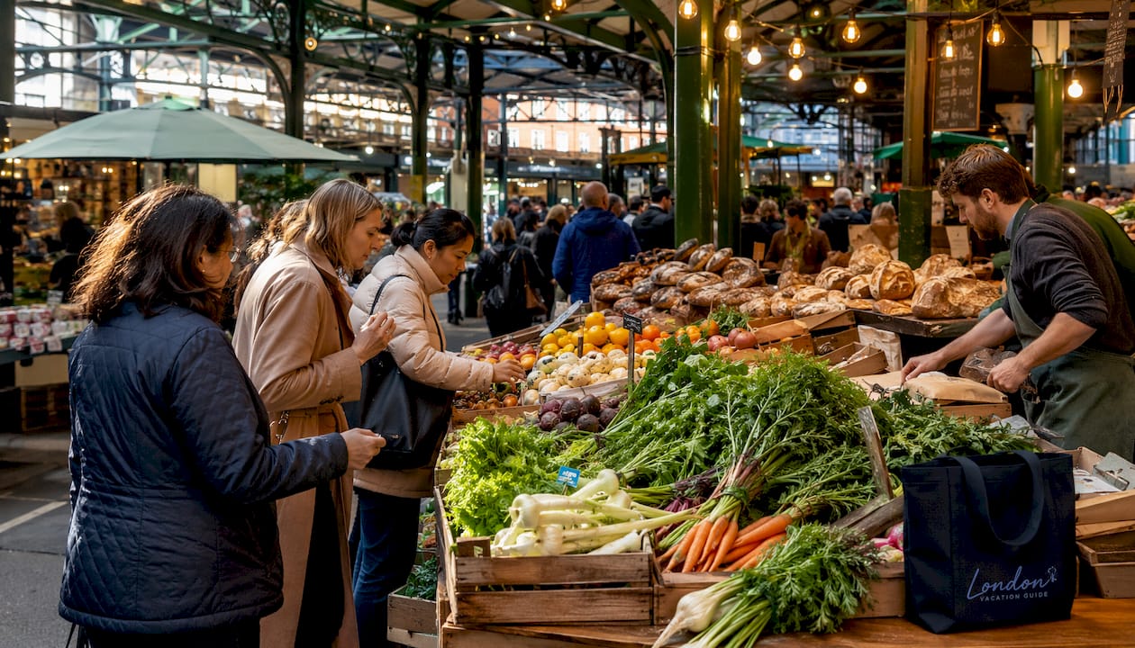 Shoppers exploring vibrant Borough Market stalls