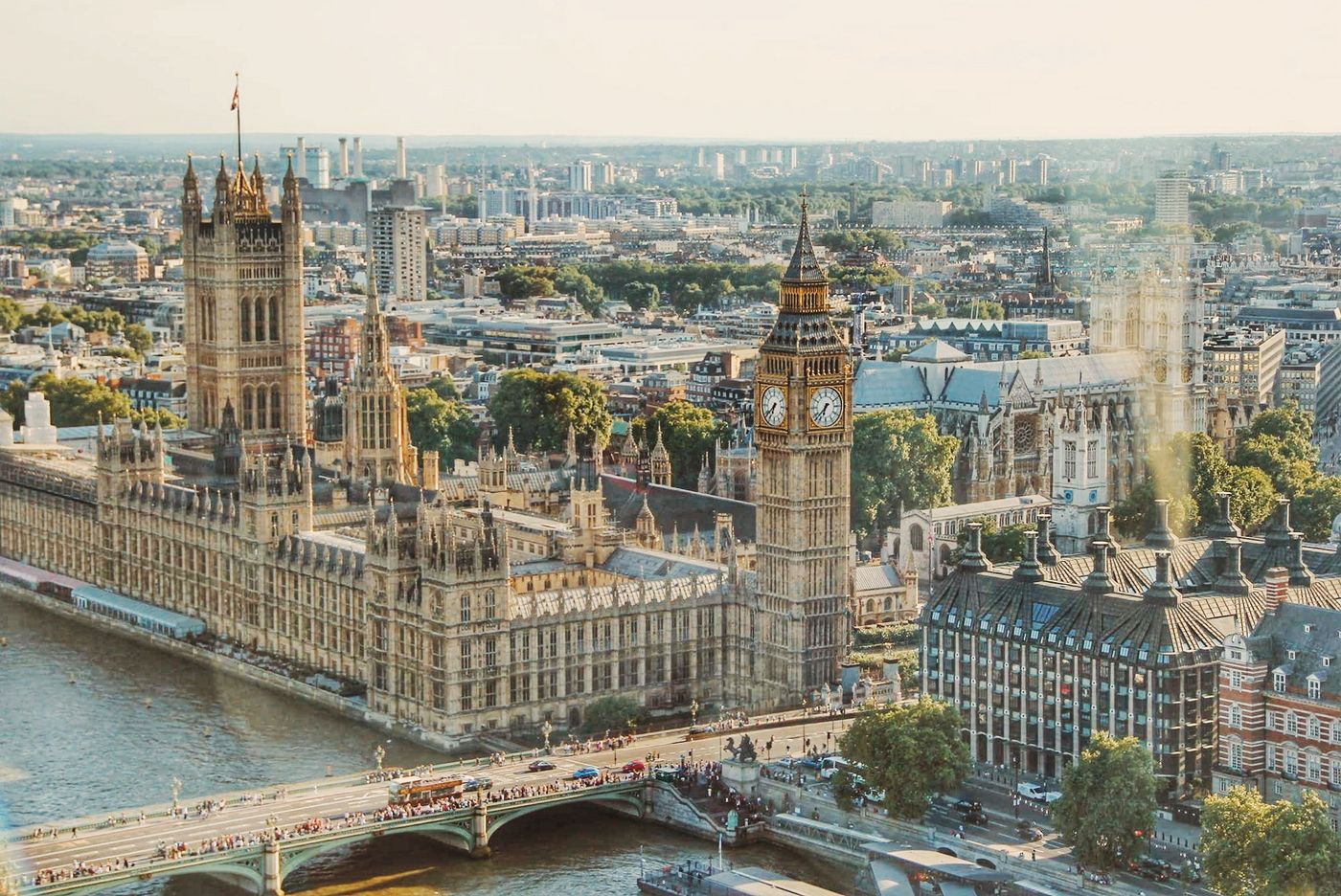 London panoramic skyline with the Thames at sunset