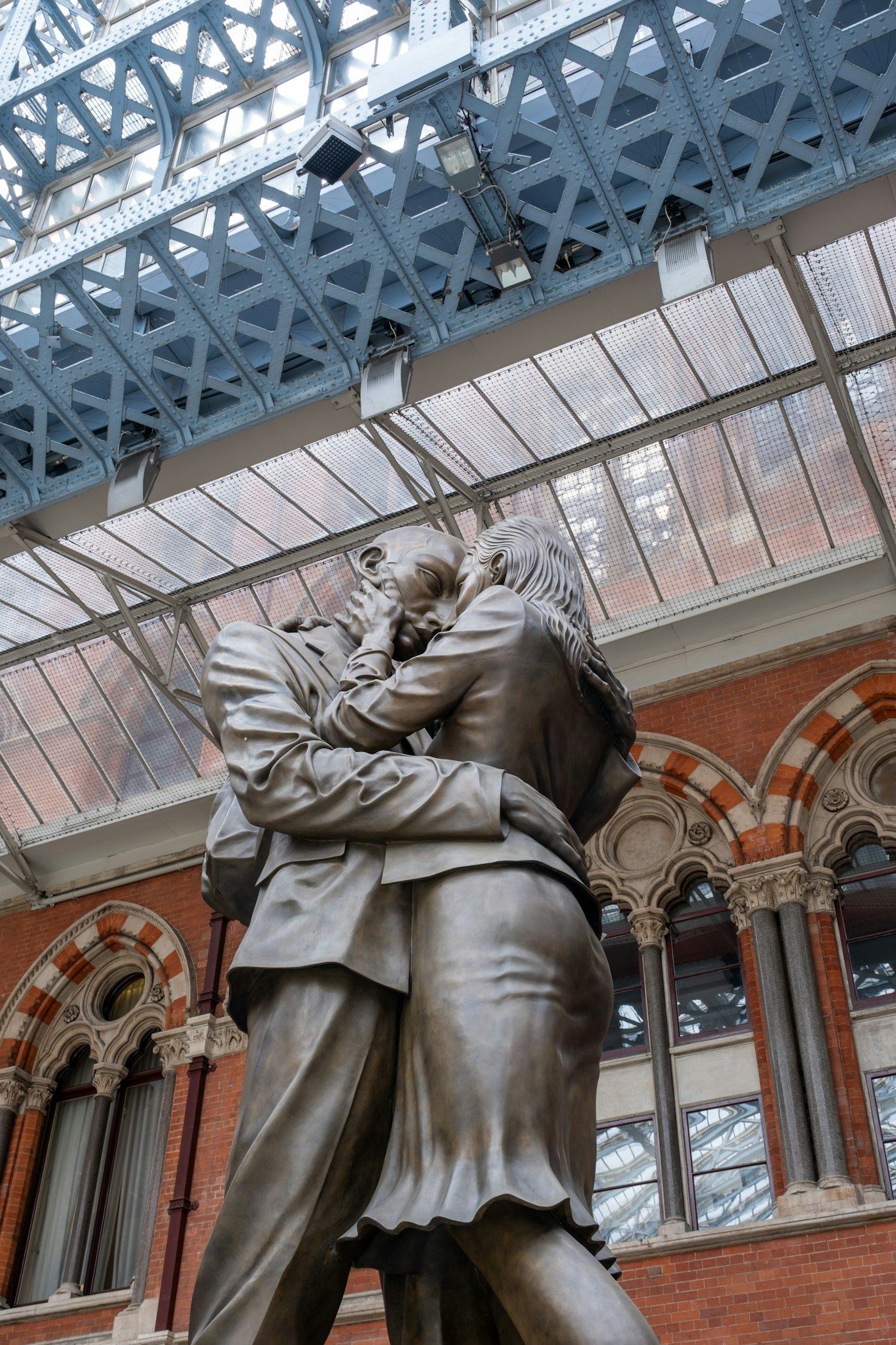 St Pancras International station facade and Granary Square canal basin, King's Cross London