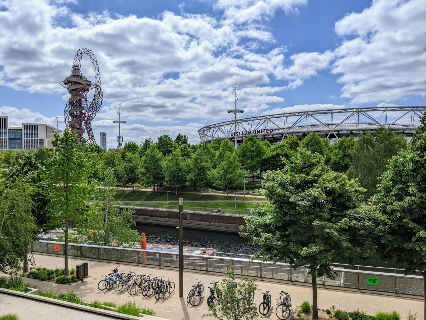 Queen Elizabeth Olympic Park Stratford London with stadium and waterways